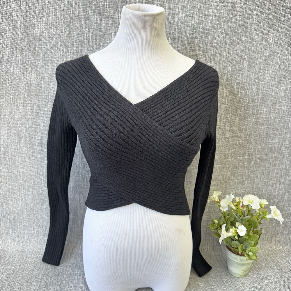 Sweet Rain Junior Contemp Black Ribbed Knit Wrap Sweater Cropped V-Neck Size M